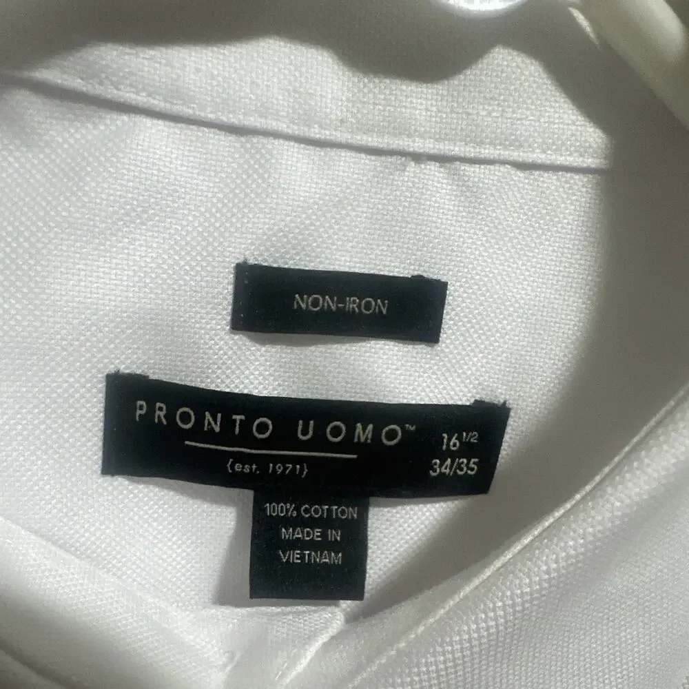 Pronto Uomo Non-Iron Solid White 100% Cotton Dress Shirt 16.5 34/35